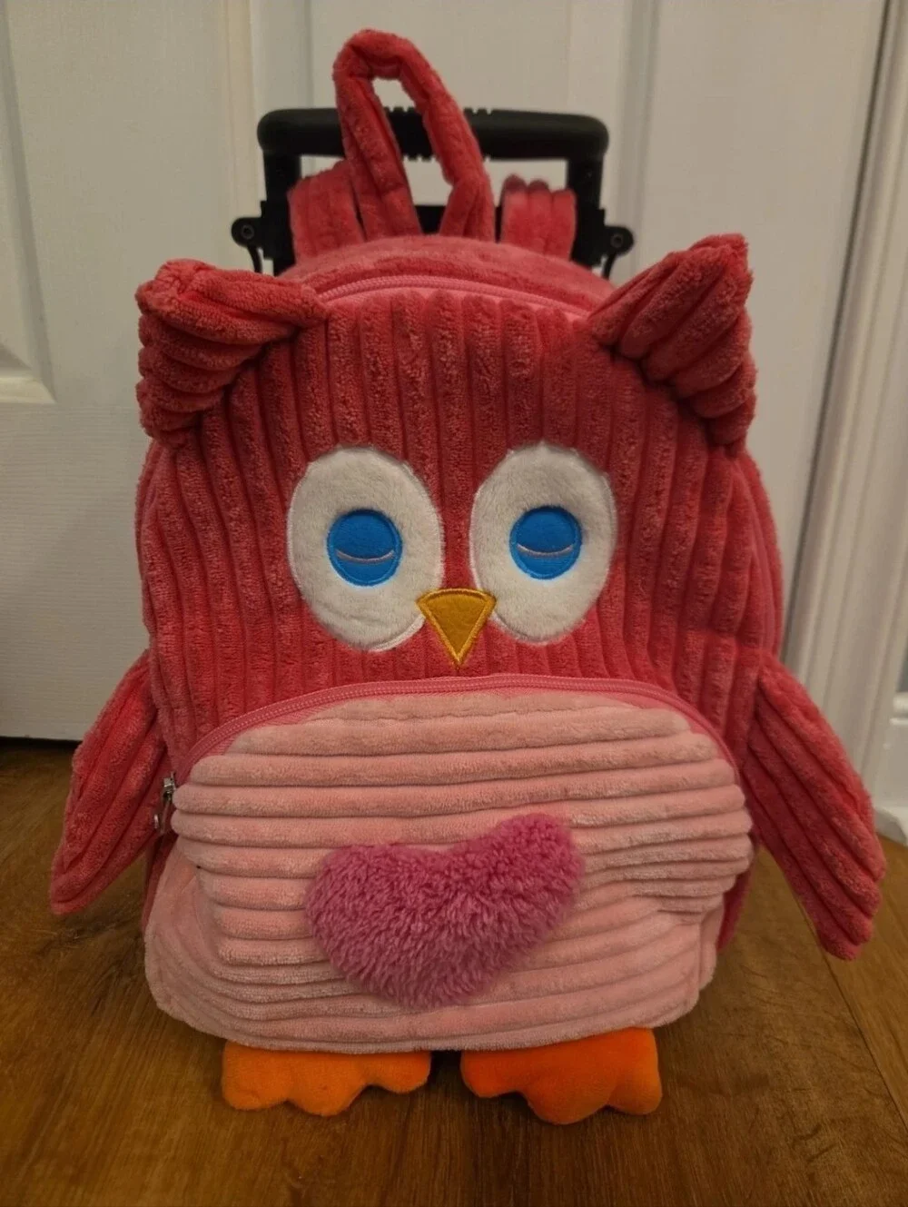 Funz Plush Pink Owl Rolling Backpack/Suitcase Kids Travel- Detach Wheels/Handle